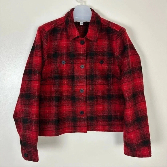 J. Jill Brushed Plaid Cropped Shacket Jacket‎ Large Scarlet Red Soft Cozy Fall - Picture 4 of 15